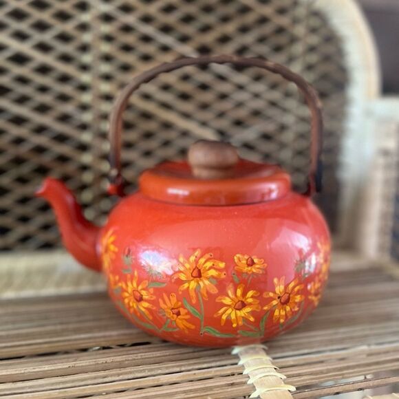 Vintage Enameled Tea Kettle Pot Japan Teak Handle Flower Power Floral AS IS - Picture 4 of 10